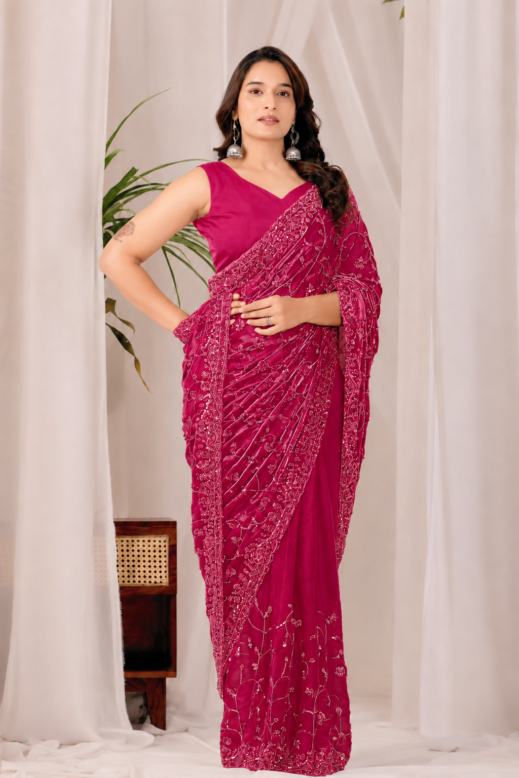 The Rose Red Onyx Sequin Heritage Saree The Dark Pink Onyx Sequin Heritage Saree + The Dark Pink Onyx Sequin Heritage Saree brings dense sequin embroidery to a dark pink base, and it's built for anyone comparing options for a dark pink saree rather than something purely decorative. The colour reads true in both daylight and indoor event lighting, which matters more than it sounds &mdash; a lot of sarees photograph differently under venue lighting than they do in a product shot, and this one has been chosen to hold its tone consistently. &bull; Craftsmanship