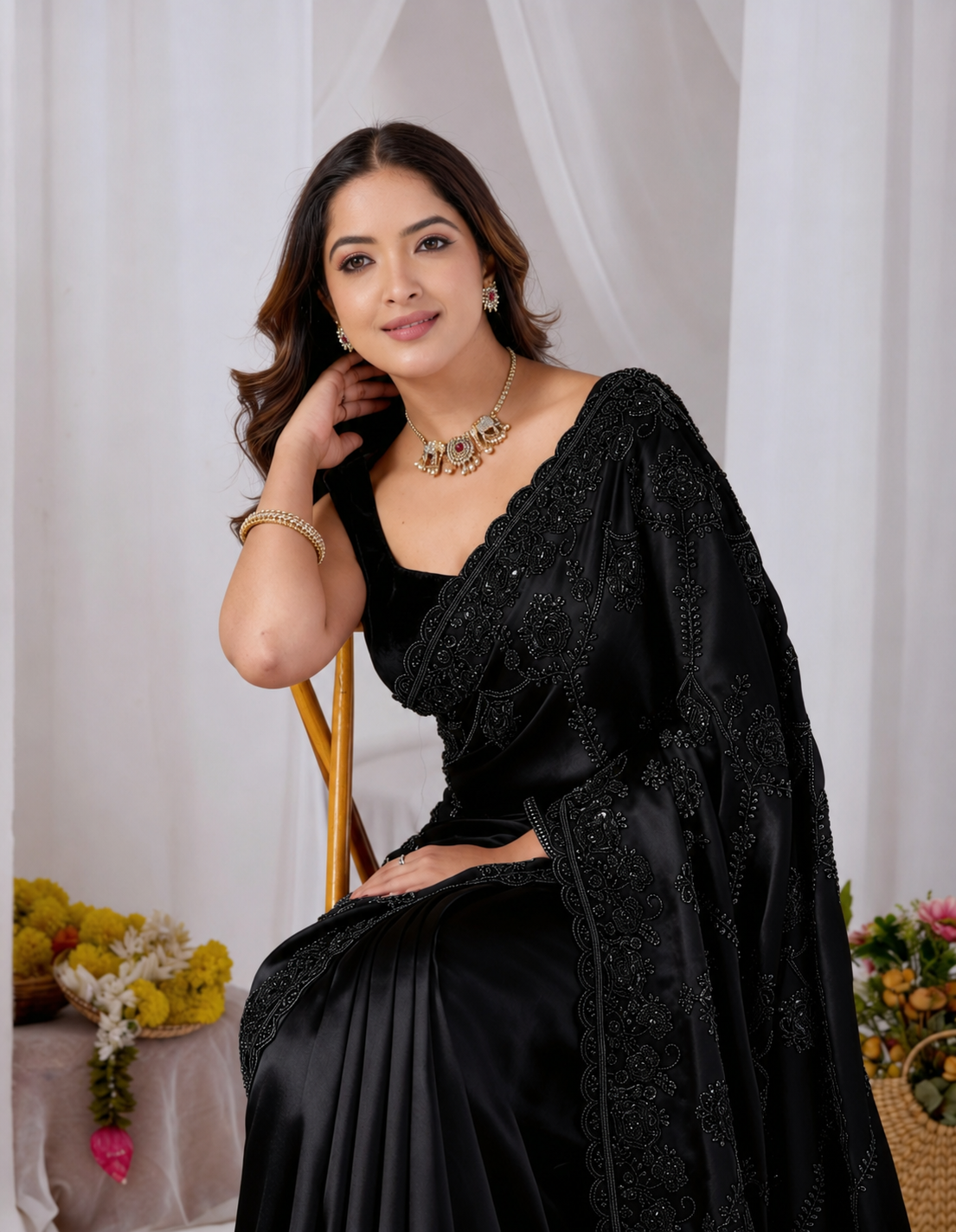 Black Beads work Embroidery Designer Saree Black Beads work Embroidery Designer Saree + The Black Beads Work Embroidery Designer Saree brings hand-applied bead embroidery to a black base, and it's built for anyone comparing options for a black saree rather than something purely decorative. The colour reads true in both daylight and indoor event lighting, which matters more than it sounds &mdash; a lot of sarees photograph differently under venue lighting than they do in a product shot, and this one has been chosen to hold its tone consistently. &bull; Craftsmanship