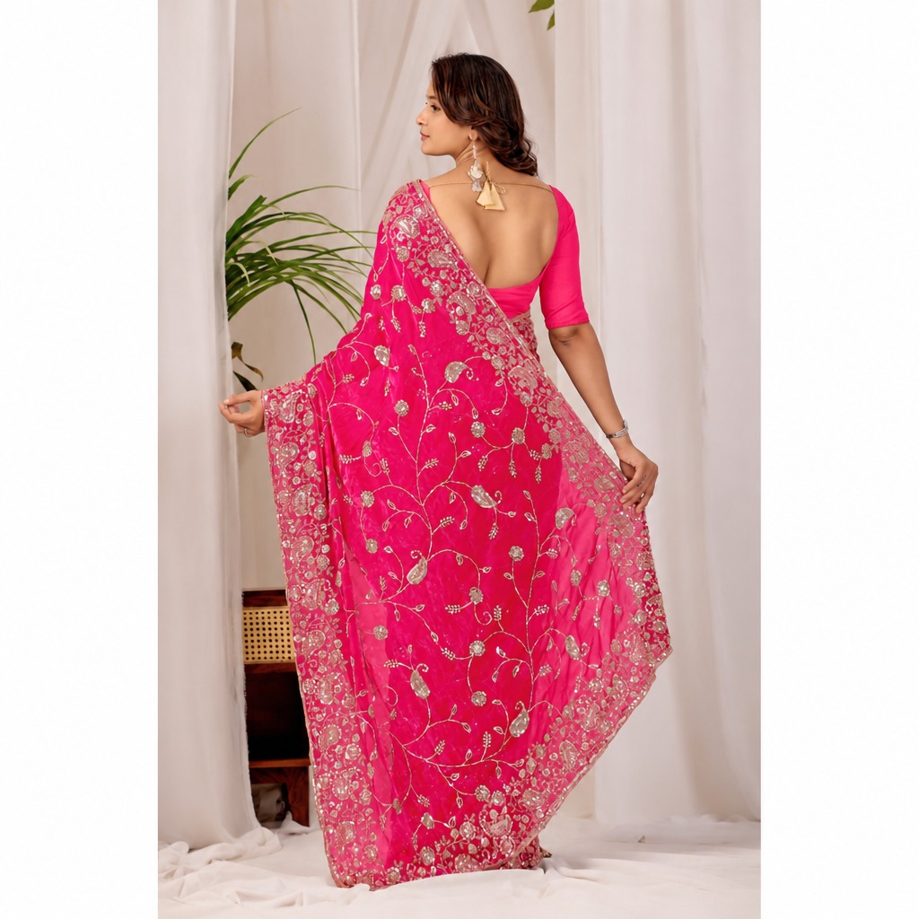 Dark Pink Regal Floral Heritage Saree Dark Pink Regal Floral Heritage Saree + The Dark Pink Regal Floral Heritage Saree brings traditional floral motif weaving to a dark pink base, and it's built for anyone comparing options for a dark pink saree rather than something purely decorative. The colour reads true in both daylight and indoor event lighting, which matters more than it sounds &mdash; a lot of sarees photograph differently under venue lighting than they do in a product shot, and this one has been chosen to hold its tone consistently. &bull; Craftsmanship