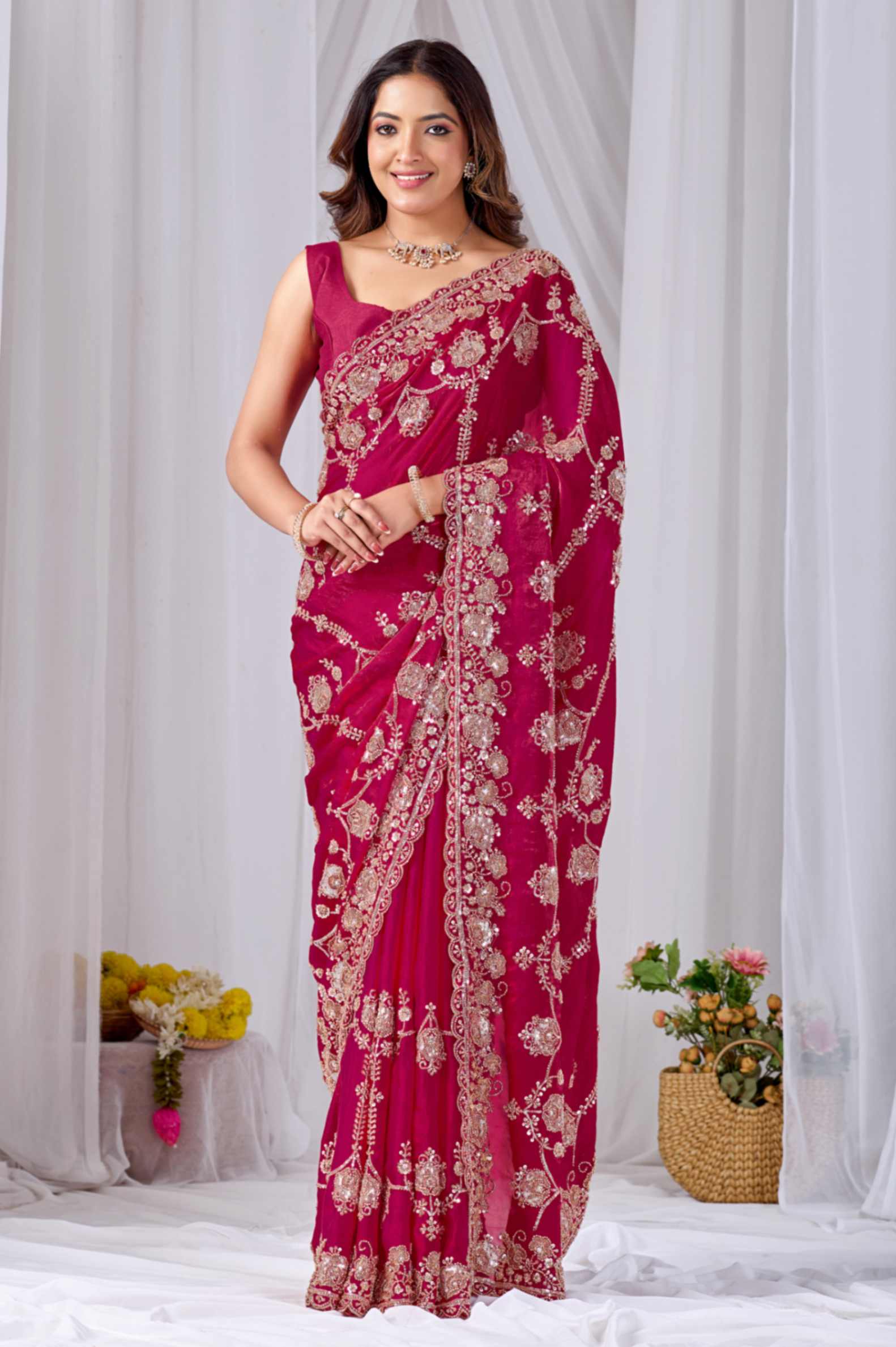 Beads work Embroidery Designer Saree-Rose Red