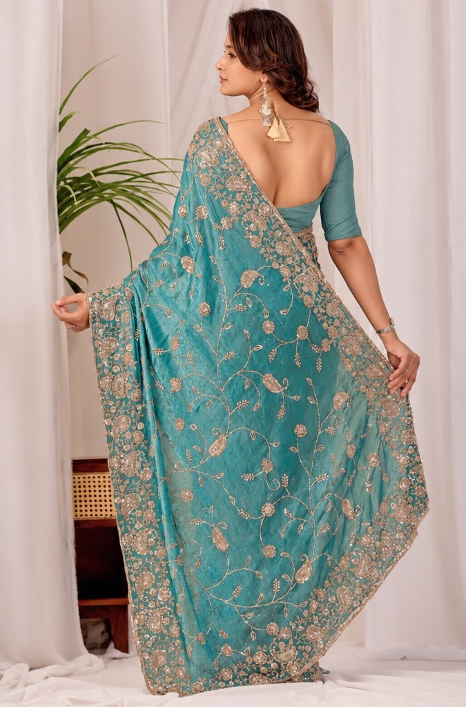 Teal Blue Regal Teal Floral Heritage Saree Teal Blue Regal Floral Heritage Saree + The Teal Blue Regal Floral Heritage Saree brings traditional floral motif weaving to a teal blue base, and it's built for anyone comparing options for a teal color saree rather than something purely decorative. The colour reads true in both daylight and indoor event lighting, which matters more than it sounds &mdash; a lot of sarees photograph differently under venue lighting than they do in a product shot, and this one has been chosen to hold its tone consistently. &bull; Craftsmanship