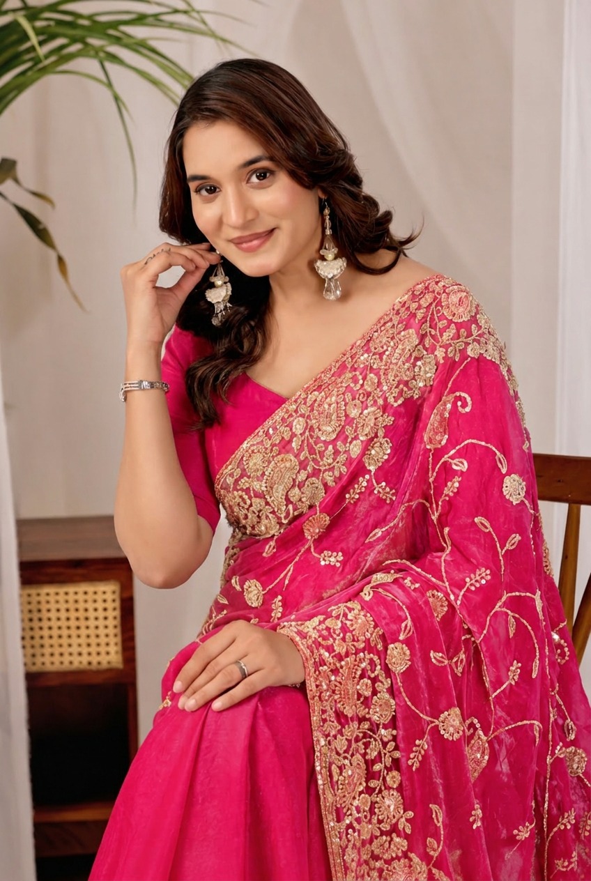 Dark Pink Regal Floral Heritage Saree Dark Pink Regal Floral Heritage Saree + The Dark Pink Regal Floral Heritage Saree brings traditional floral motif weaving to a dark pink base, and it's built for anyone comparing options for a dark pink saree rather than something purely decorative. The colour reads true in both daylight and indoor event lighting, which matters more than it sounds &mdash; a lot of sarees photograph differently under venue lighting than they do in a product shot, and this one has been chosen to hold its tone consistently. &bull; Craftsmanship