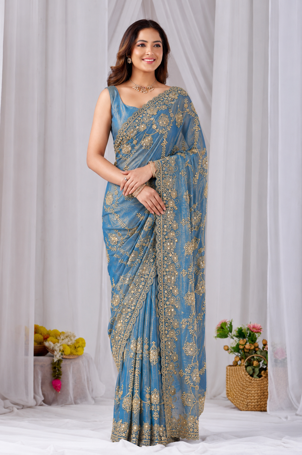 Azure Blue Beads work Embroidery Designer Saree Azure Blue Beads work Embroidery Designer Saree + The Azure Blue Beads Work Embroidery Designer Saree brings hand-applied bead embroidery to a azure blue base, and it's built for anyone comparing options for an azure blue saree rather than something purely decorative. The colour reads true in both daylight and indoor event lighting, which matters more than it sounds &mdash; a lot of sarees photograph differently under venue lighting than they do in a product shot, and this one has been chosen to hold its tone consistently. &bull; Craftsmanship
