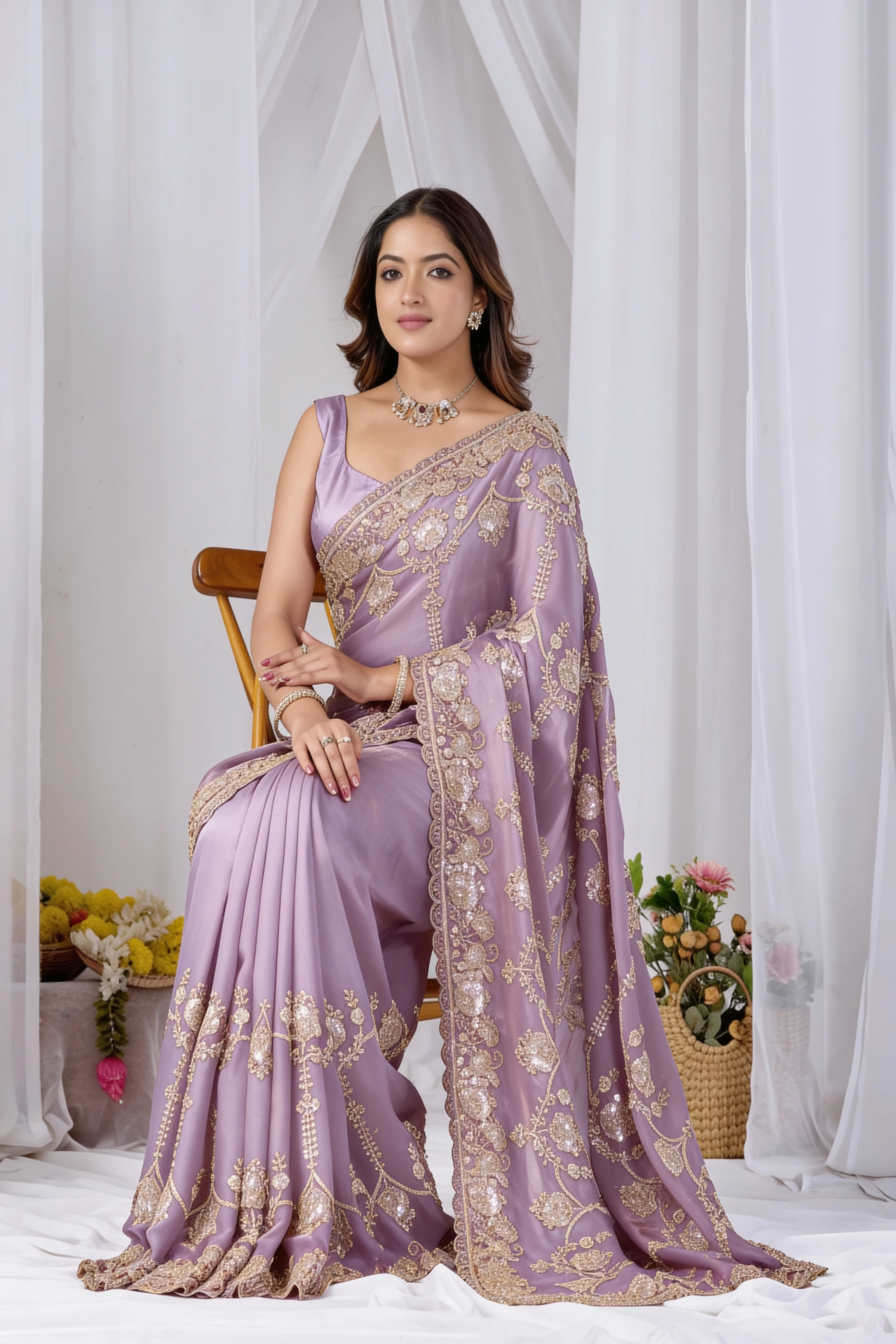Beads work Embroidery Designer Saree-Pink Beads work Embroidery Designer Saree-Purple + Pink
