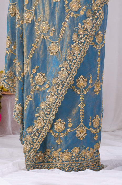 Azure Blue Beads work Embroidery Designer Saree Azure Blue Beads work Embroidery Designer Saree + The Azure Blue Beads Work Embroidery Designer Saree brings hand-applied bead embroidery to a azure blue base, and it's built for anyone comparing options for an azure blue saree rather than something purely decorative. The colour reads true in both daylight and indoor event lighting, which matters more than it sounds &mdash; a lot of sarees photograph differently under venue lighting than they do in a product shot, and this one has been chosen to hold its tone consistently. &bull; Craftsmanship