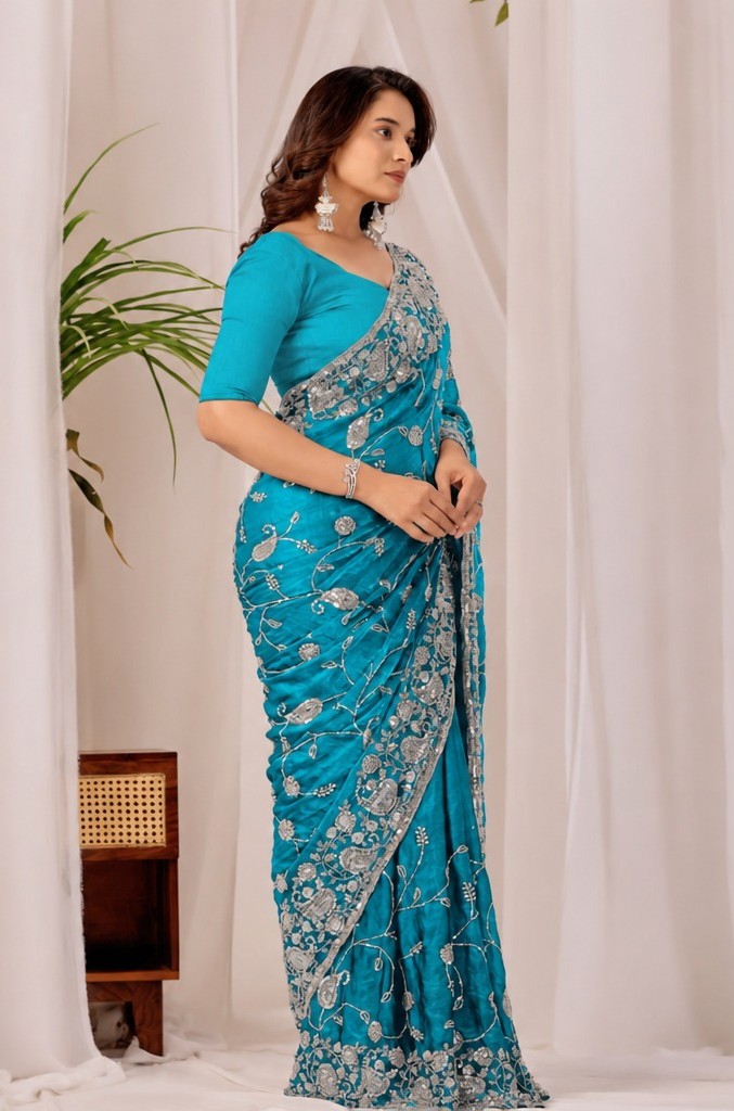 Sky Blue Regal Teal Floral Heritage Saree Sky Blue Regal Teal Floral Heritage Saree + The Sky Blue Regal Floral Heritage Saree brings traditional floral motif weaving to a sky blue base, and it's built for anyone comparing options for a sky sarees rather than something purely decorative. The colour reads true in both daylight and indoor event lighting, which matters more than it sounds &mdash; a lot of sarees photograph differently under venue lighting than they do in a product shot, and this one has been chosen to hold its tone consistently. &bull; Craftsmanship