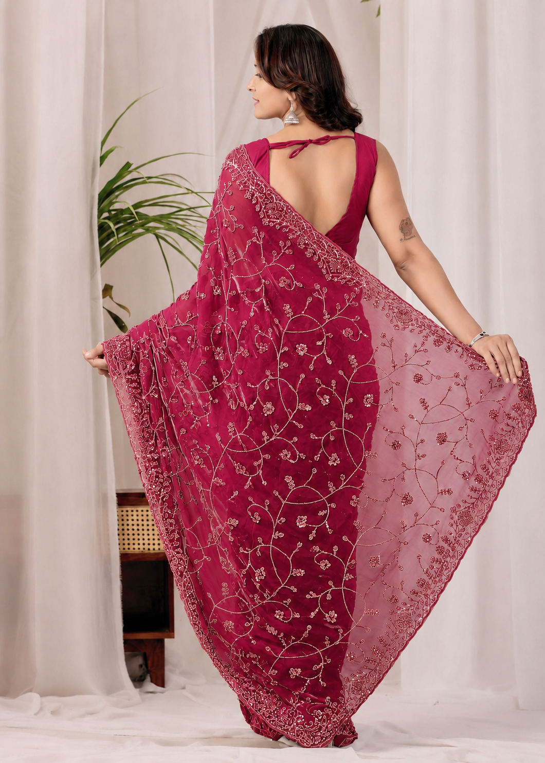 The Rose Red Onyx Sequin Heritage Saree The Dark Pink Onyx Sequin Heritage Saree + The Dark Pink Onyx Sequin Heritage Saree brings dense sequin embroidery to a dark pink base, and it's built for anyone comparing options for a dark pink saree rather than something purely decorative. The colour reads true in both daylight and indoor event lighting, which matters more than it sounds &mdash; a lot of sarees photograph differently under venue lighting than they do in a product shot, and this one has been chosen to hold its tone consistently. &bull; Craftsmanship