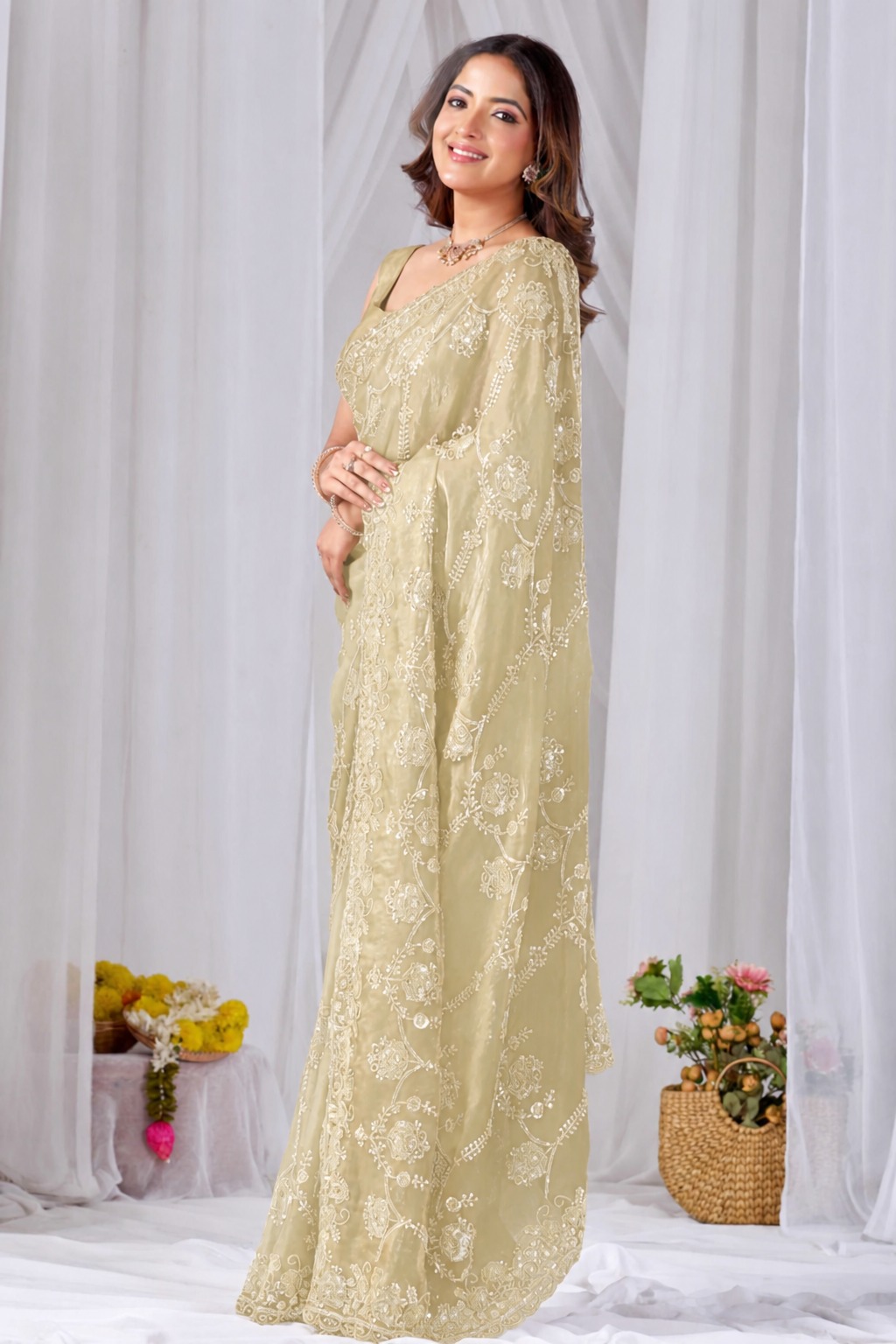 Beads work Embroidery Designer Saree- Teal Blue Beads work Embroidery Designer Saree-Golden + Teal Blue