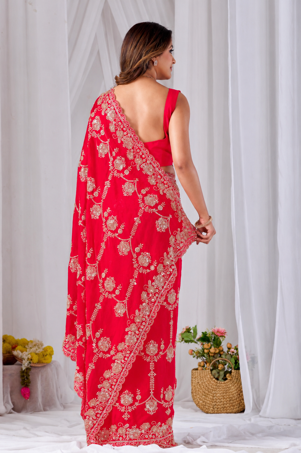 Red Beads work Embroidery Designer Saree Rose Red Beads work Embroidery Designer Saree + The Rose Red Beads Work Embroidery Designer Saree brings hand-applied bead embroidery to a rose red base, and it's built for anyone comparing options for a saree rose rather than something purely decorative. The colour reads true in both daylight and indoor event lighting, which matters more than it sounds &mdash; a lot of sarees photograph differently under venue lighting than they do in a product shot, and this one has been chosen to hold its tone consistently. &bull; Craftsmanship