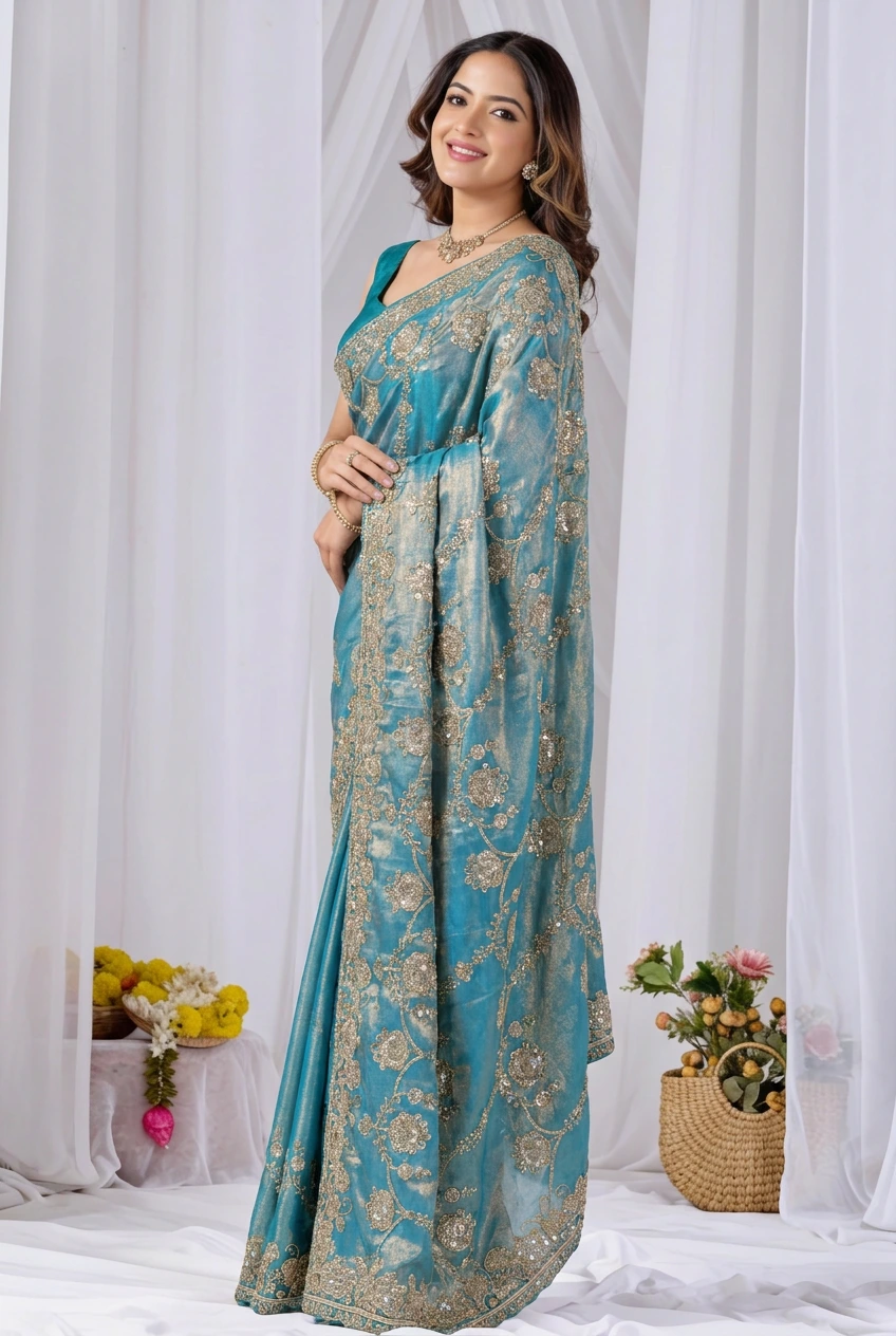 Beads work Embroidery Designer Saree- Teal Blue Beads work Embroidery Designer Saree-Golden + Teal Blue
