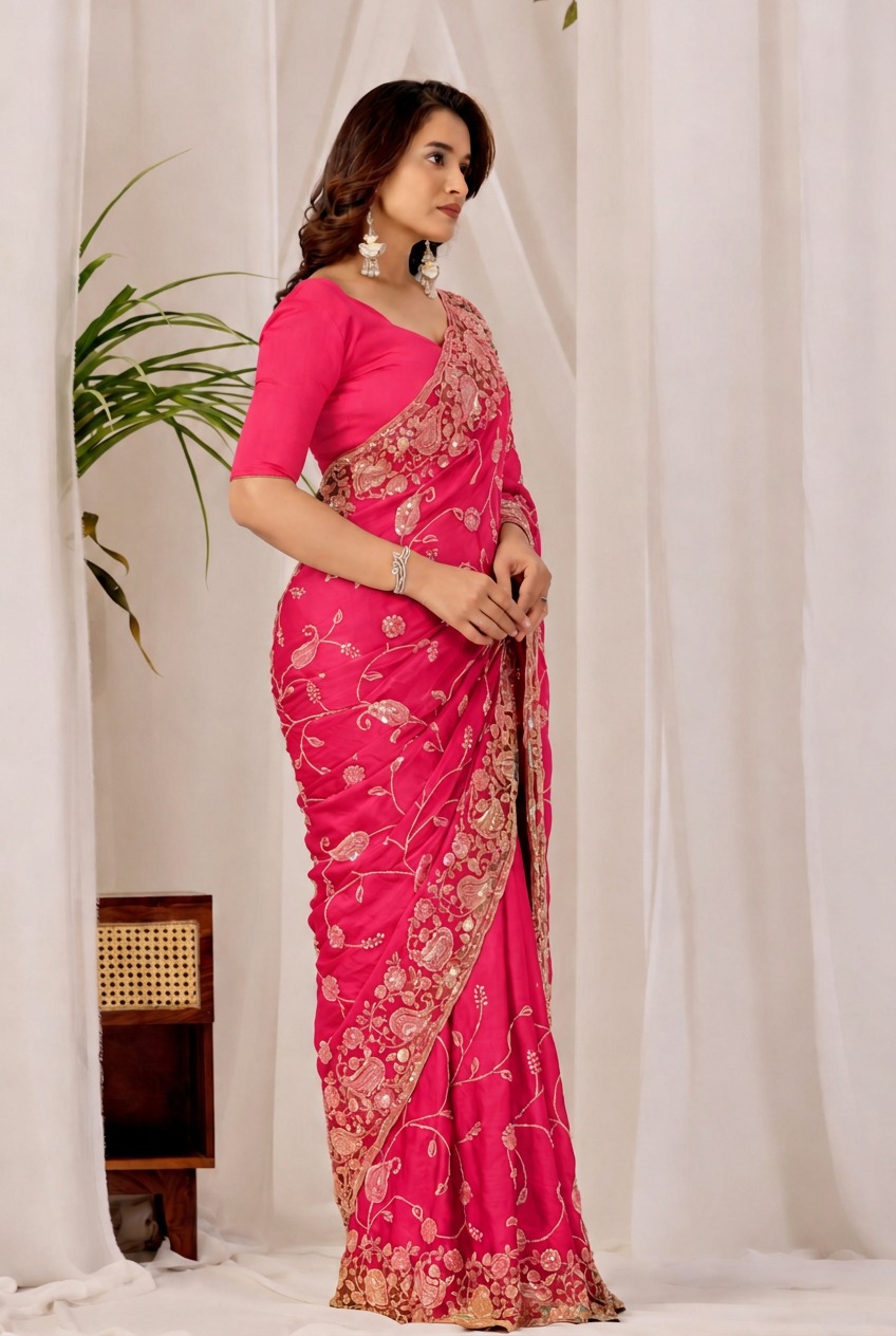 Dark Pink Regal Floral Heritage Saree Dark Pink Regal Floral Heritage Saree + The Dark Pink Regal Floral Heritage Saree brings traditional floral motif weaving to a dark pink base, and it's built for anyone comparing options for a dark pink saree rather than something purely decorative. The colour reads true in both daylight and indoor event lighting, which matters more than it sounds &mdash; a lot of sarees photograph differently under venue lighting than they do in a product shot, and this one has been chosen to hold its tone consistently. &bull; Craftsmanship