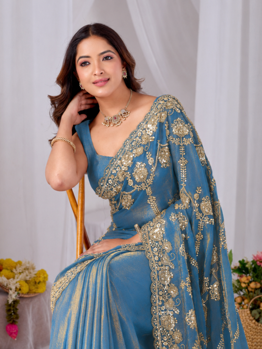 Azure Blue Beads work Embroidery Designer Saree Azure Blue Beads work Embroidery Designer Saree + The Azure Blue Beads Work Embroidery Designer Saree brings hand-applied bead embroidery to a azure blue base, and it's built for anyone comparing options for an azure blue saree rather than something purely decorative. The colour reads true in both daylight and indoor event lighting, which matters more than it sounds &mdash; a lot of sarees photograph differently under venue lighting than they do in a product shot, and this one has been chosen to hold its tone consistently. &bull; Craftsmanship