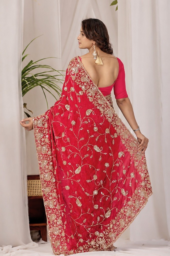 Red Regal Floral Heritage Saree Red Regal Floral Heritage Saree + The Red Regal Floral Heritage Saree brings traditional floral motif weaving to a red base, and it's built for anyone comparing options for a red saree rather than something purely decorative. The colour reads true in both daylight and indoor event lighting, which matters more than it sounds &mdash; a lot of sarees photograph differently under venue lighting than they do in a product shot, and this one has been chosen to hold its tone consistently. &bull; Craftsmanship