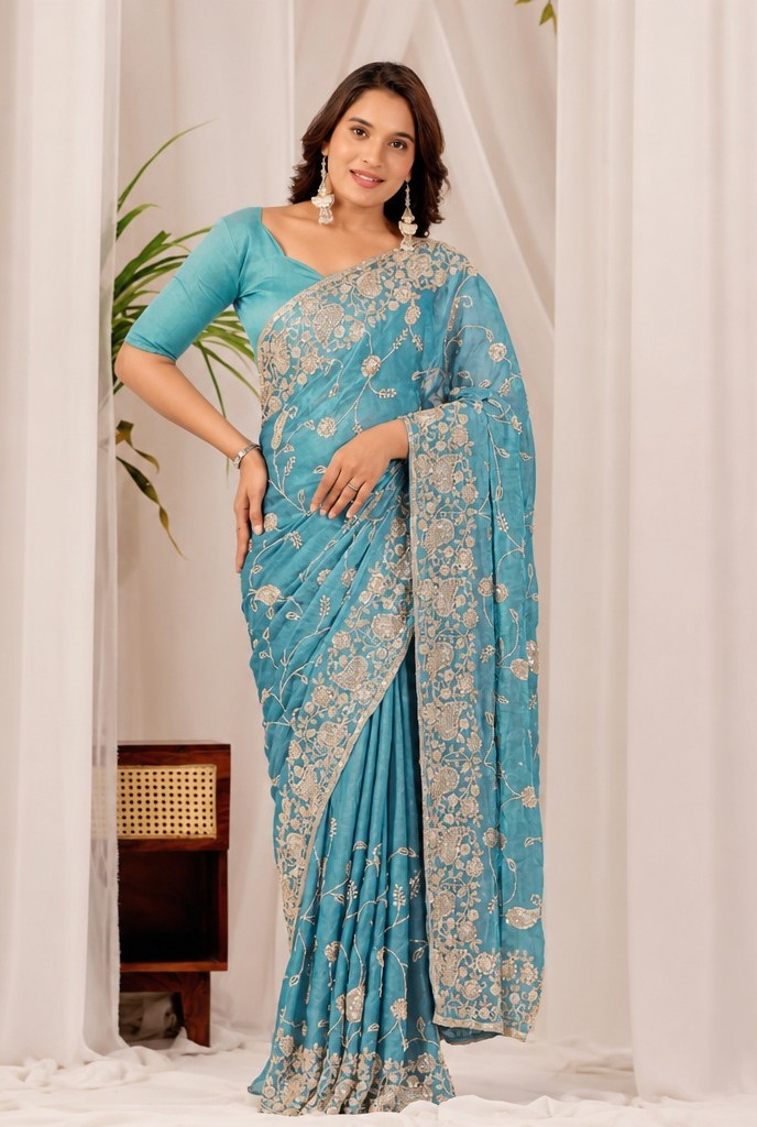 Teal Blue Regal Teal Floral Heritage Saree Teal Blue Regal Floral Heritage Saree + The Teal Blue Regal Floral Heritage Saree brings traditional floral motif weaving to a teal blue base, and it's built for anyone comparing options for a teal color saree rather than something purely decorative. The colour reads true in both daylight and indoor event lighting, which matters more than it sounds &mdash; a lot of sarees photograph differently under venue lighting than they do in a product shot, and this one has been chosen to hold its tone consistently. &bull; Craftsmanship