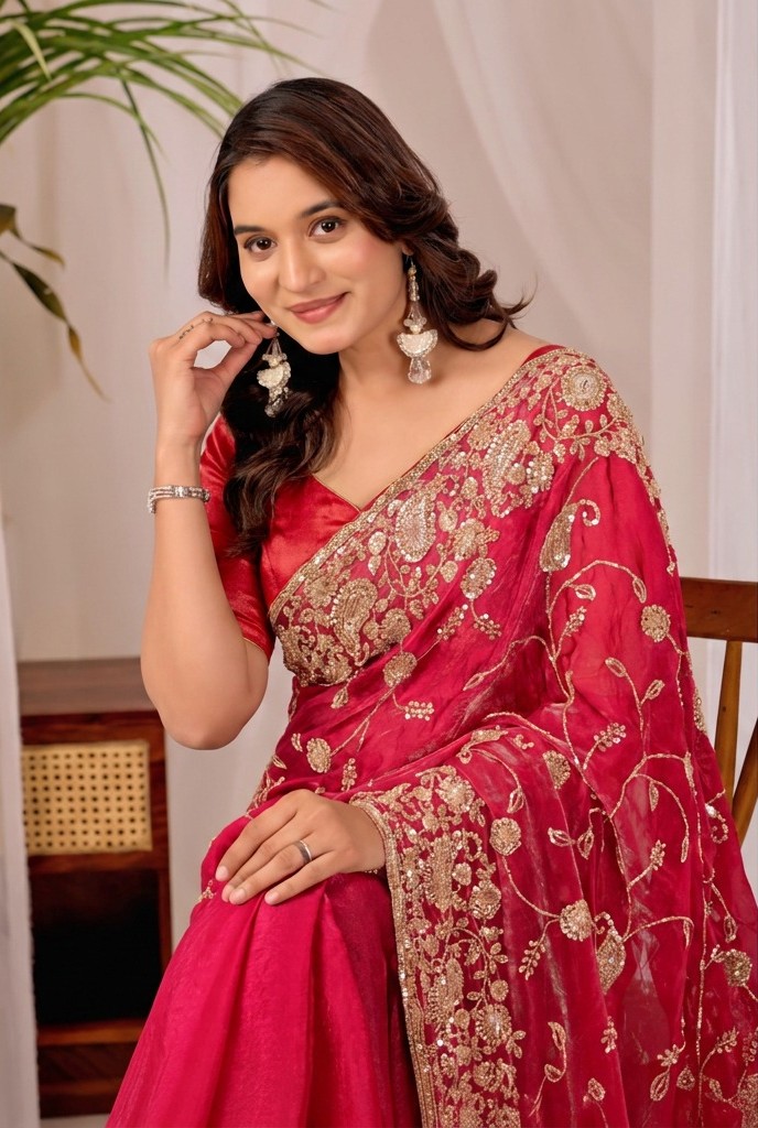 Red Regal Floral Heritage Saree Red Regal Floral Heritage Saree + The Red Regal Floral Heritage Saree brings traditional floral motif weaving to a red base, and it's built for anyone comparing options for a red saree rather than something purely decorative. The colour reads true in both daylight and indoor event lighting, which matters more than it sounds &mdash; a lot of sarees photograph differently under venue lighting than they do in a product shot, and this one has been chosen to hold its tone consistently. &bull; Craftsmanship