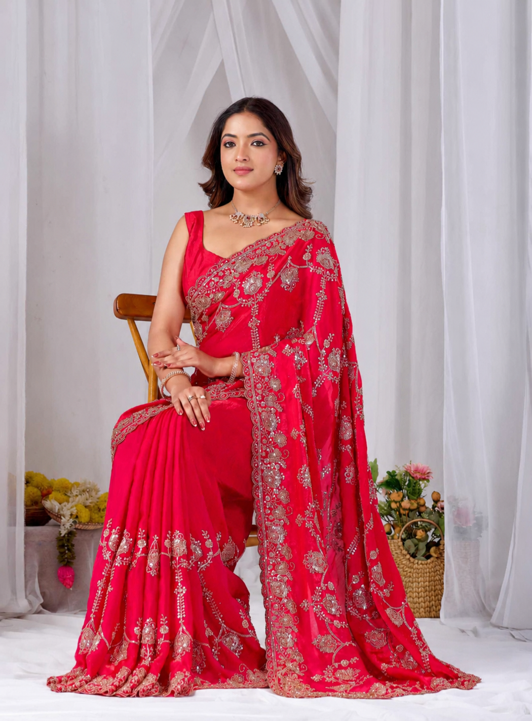 Red Beads work Embroidery Designer Saree Rose Red Beads work Embroidery Designer Saree + The Rose Red Beads Work Embroidery Designer Saree brings hand-applied bead embroidery to a rose red base, and it's built for anyone comparing options for a saree rose rather than something purely decorative. The colour reads true in both daylight and indoor event lighting, which matters more than it sounds &mdash; a lot of sarees photograph differently under venue lighting than they do in a product shot, and this one has been chosen to hold its tone consistently. &bull; Craftsmanship