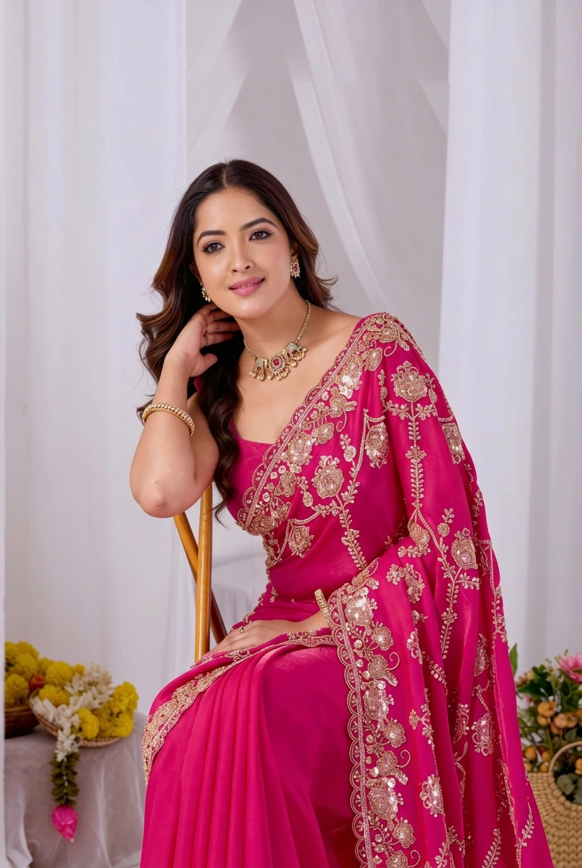 Dark Pink Beads work Embroidery Designer Saree Dark Pink Beads work Embroidery Designer Saree + The Dark Pink Beads Work Embroidery Designer Saree brings hand-applied bead embroidery to a dark pink base, and it's built for anyone comparing options for a dark pink saree rather than something purely decorative. The colour reads true in both daylight and indoor event lighting, which matters more than it sounds &mdash; a lot of sarees photograph differently under venue lighting than they do in a product shot, and this one has been chosen to hold its tone consistently. &bull; Craftsmanship