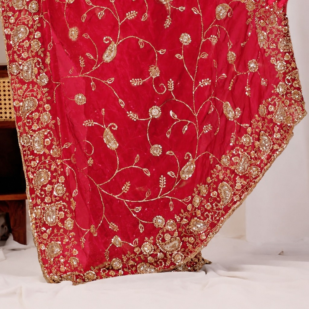 Red Regal Floral Heritage Saree Red Regal Floral Heritage Saree + The Red Regal Floral Heritage Saree brings traditional floral motif weaving to a red base, and it's built for anyone comparing options for a red saree rather than something purely decorative. The colour reads true in both daylight and indoor event lighting, which matters more than it sounds &mdash; a lot of sarees photograph differently under venue lighting than they do in a product shot, and this one has been chosen to hold its tone consistently. &bull; Craftsmanship