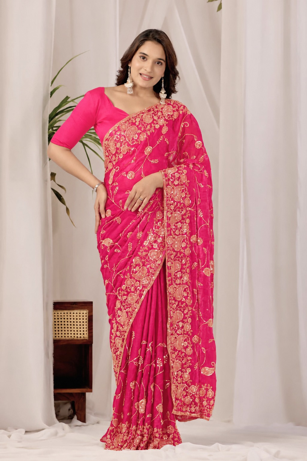 Dark Pink Regal Floral Heritage Saree Dark Pink Regal Floral Heritage Saree + The Dark Pink Regal Floral Heritage Saree brings traditional floral motif weaving to a dark pink base, and it's built for anyone comparing options for a dark pink saree rather than something purely decorative. The colour reads true in both daylight and indoor event lighting, which matters more than it sounds &mdash; a lot of sarees photograph differently under venue lighting than they do in a product shot, and this one has been chosen to hold its tone consistently. &bull; Craftsmanship