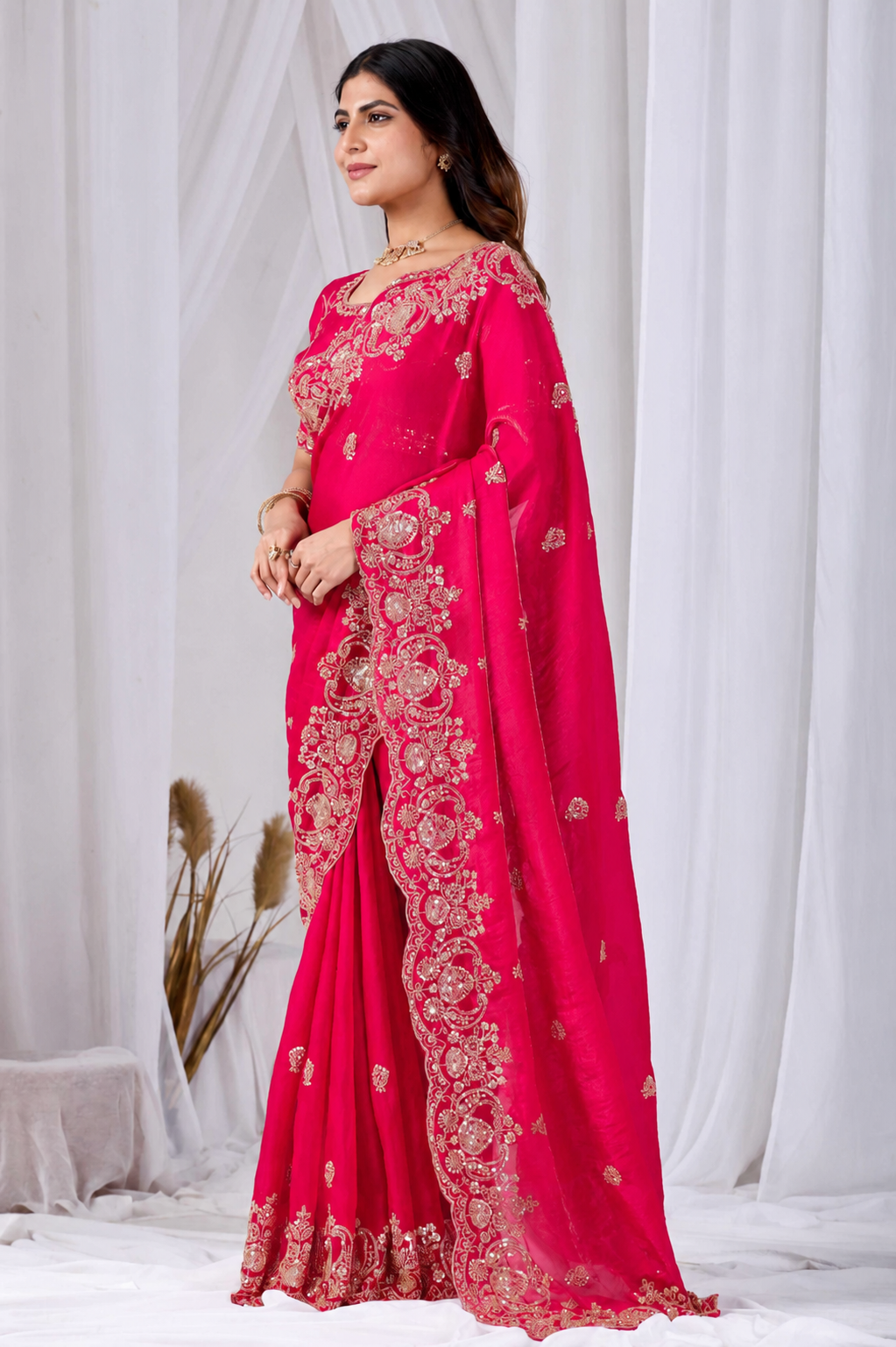 Dark Pink Tikki Moti Work Embroidered Designer Saree Dark Pink Tikki Moti Work Embroidered Designer Saree + The Dark Pink Tikki Moti Work Embroidered Designer Saree brings tikki (metallic sequin) and moti (pearl-bead) hand embroidery to a dark pink base, and it's built for anyone comparing options for a dark pink saree rather than something purely decorative. The colour reads true in both daylight and indoor event lighting, which matters more than it sounds &mdash; a lot of sarees photograph differently under venue lighting than they do in a product shot, and this one has been chosen to hold its tone consistently. &bull; Craftsmanship