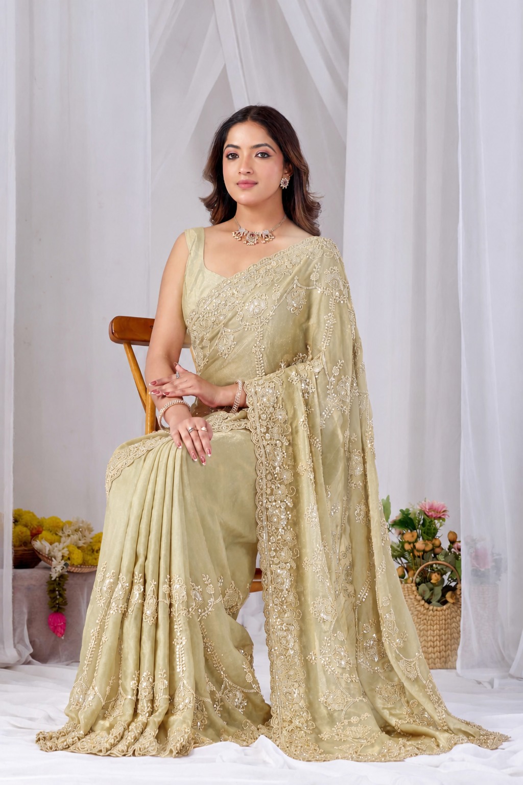 Beads work Embroidery Designer Saree- Teal Blue Beads work Embroidery Designer Saree-Golden + Teal Blue