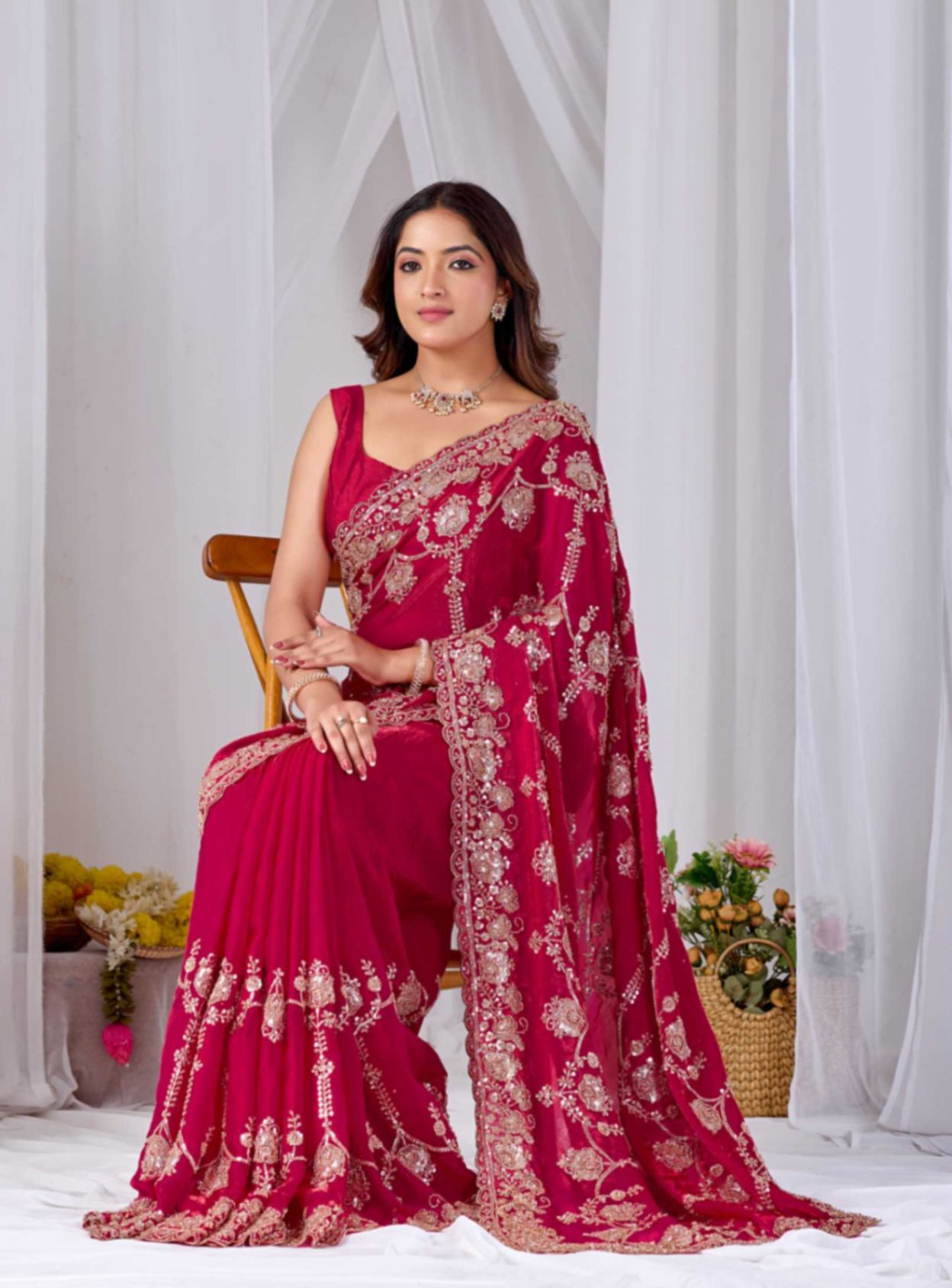 Rose Red Beads work Embroidery Designer Saree Rose Red Beads work Embroidery Designer Saree + The Rose Red Beads Work Embroidery Designer Saree brings hand-applied bead embroidery to a rose red base, and it's built for anyone comparing options for a saree rose rather than something purely decorative. The colour reads true in both daylight and indoor event lighting, which matters more than it sounds &mdash; a lot of sarees photograph differently under venue lighting than they do in a product shot, and this one has been chosen to hold its tone consistently. &bull; Craftsmanship
