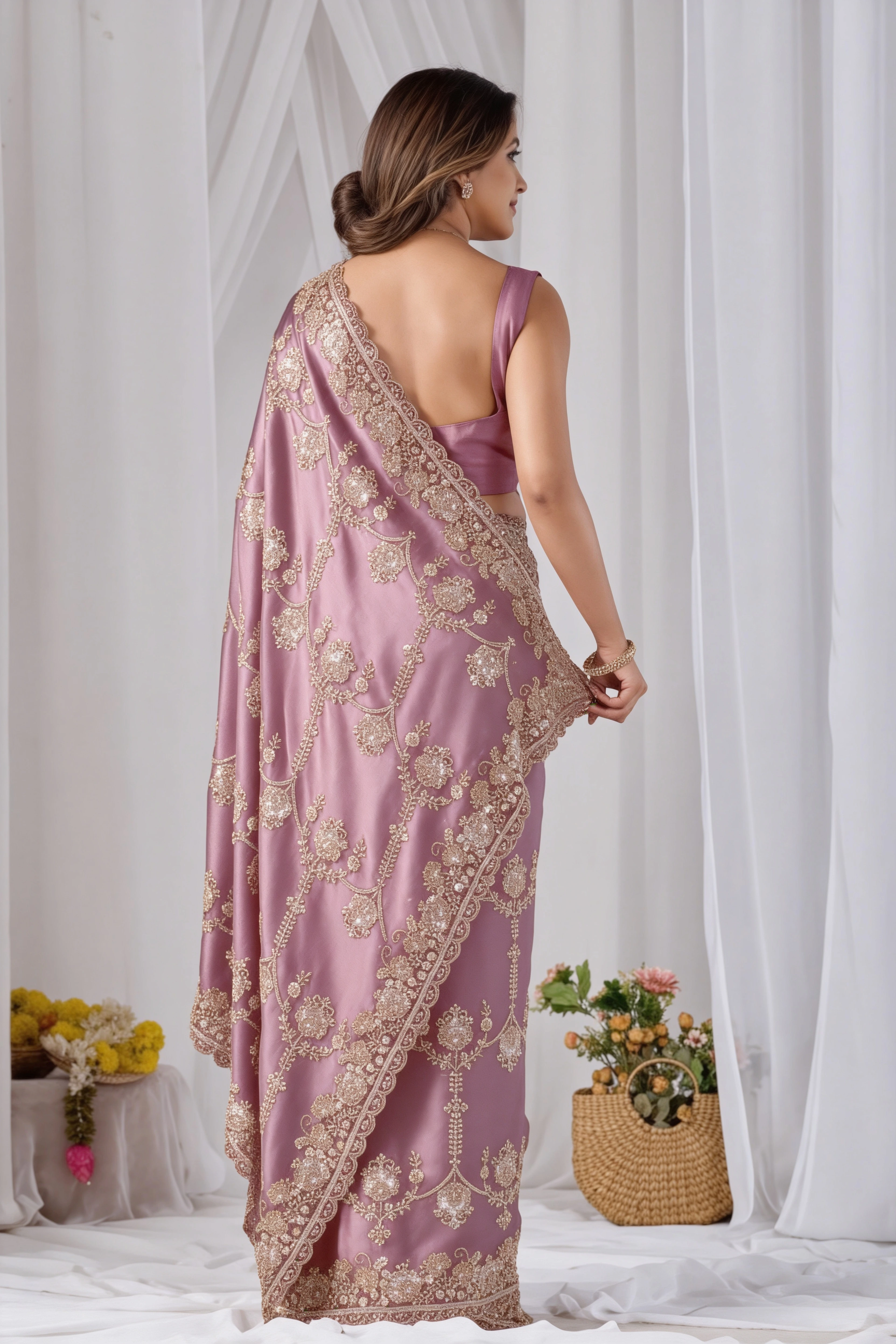 Beads work Embroidery Designer Saree-Pink Beads work Embroidery Designer Saree-Purple + Pink