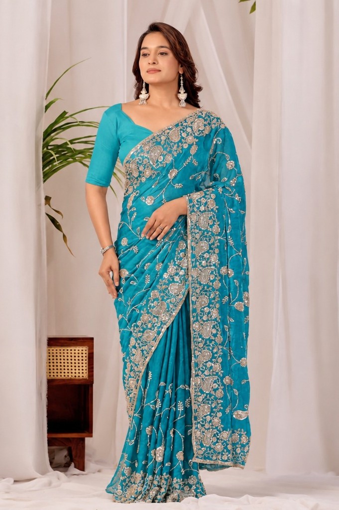 Sky Blue Regal Teal Floral Heritage Saree Sky Blue Regal Teal Floral Heritage Saree + The Sky Blue Regal Floral Heritage Saree brings traditional floral motif weaving to a sky blue base, and it's built for anyone comparing options for a sky sarees rather than something purely decorative. The colour reads true in both daylight and indoor event lighting, which matters more than it sounds &mdash; a lot of sarees photograph differently under venue lighting than they do in a product shot, and this one has been chosen to hold its tone consistently. &bull; Craftsmanship