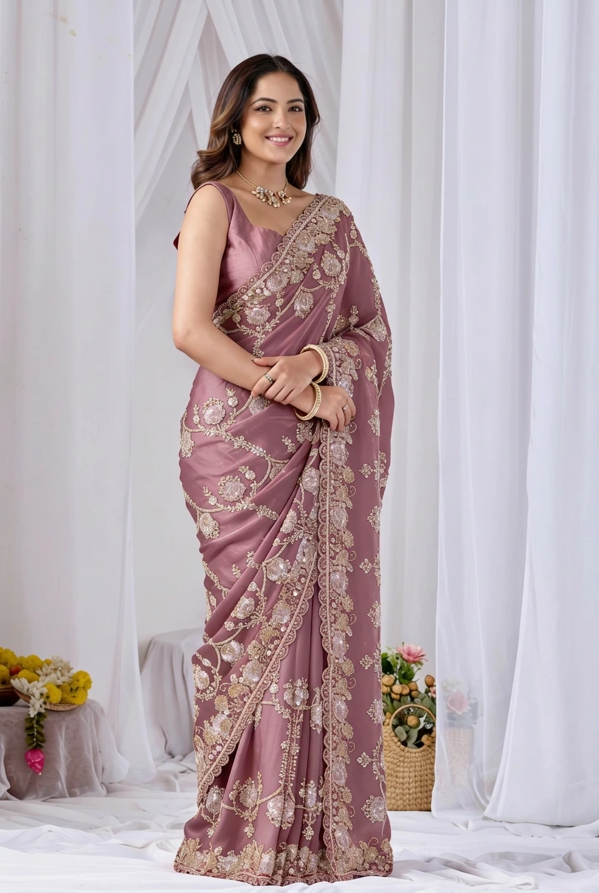 Beads work Embroidery Designer Saree-Pink Beads work Embroidery Designer Saree-Purple + Pink
