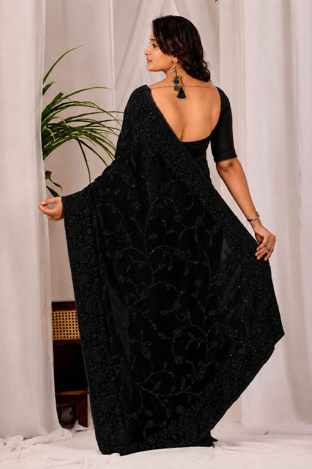 Black Regal Floral Heritage Saree Black Regal Floral Heritage Saree + The Black Regal Floral Heritage Saree brings traditional floral motif weaving to a black base, and it's built for anyone comparing options for a black saree rather than something purely decorative. The colour reads true in both daylight and indoor event lighting, which matters more than it sounds &mdash; a lot of sarees photograph differently under venue lighting than they do in a product shot, and this one has been chosen to hold its tone consistently. &bull; Craftsmanship