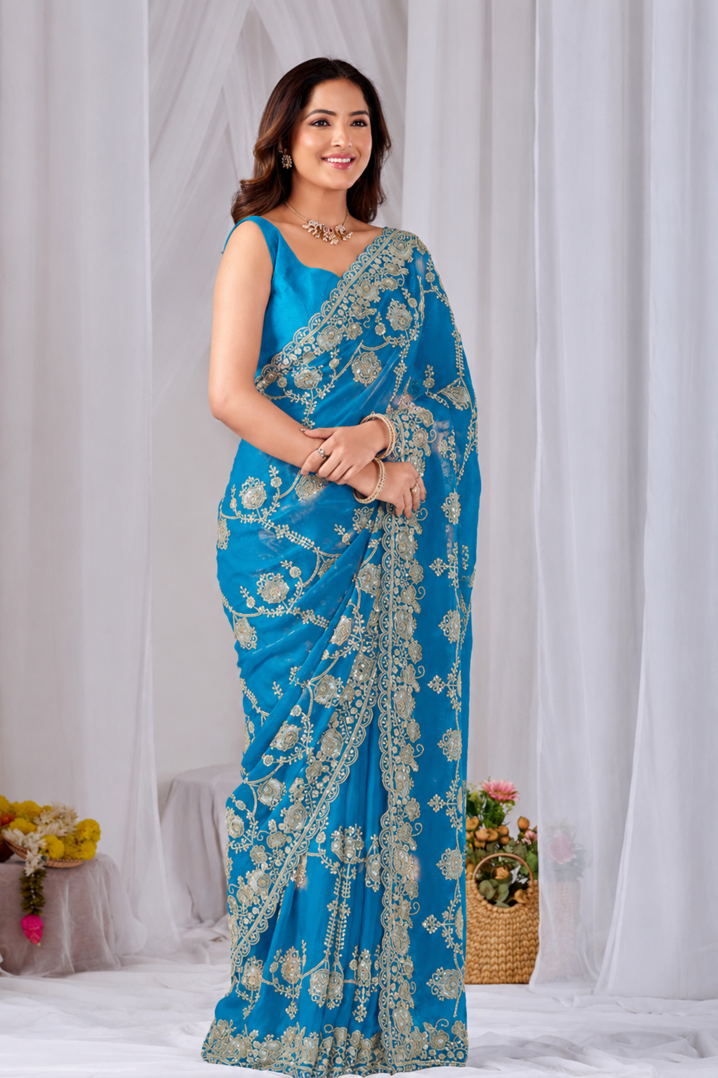 Sky Blue Beads work Embroidery Designer Saree Sky Blue Beads work Embroidery Designer Saree + The Sky Blue Beads Work Embroidery Designer Saree brings hand-applied bead embroidery to a sky blue base, and it's built for anyone comparing options for a sky sarees rather than something purely decorative. The colour reads true in both daylight and indoor event lighting, which matters more than it sounds &mdash; a lot of sarees photograph differently under venue lighting than they do in a product shot, and this one has been chosen to hold its tone consistently. &bull; Craftsmanship