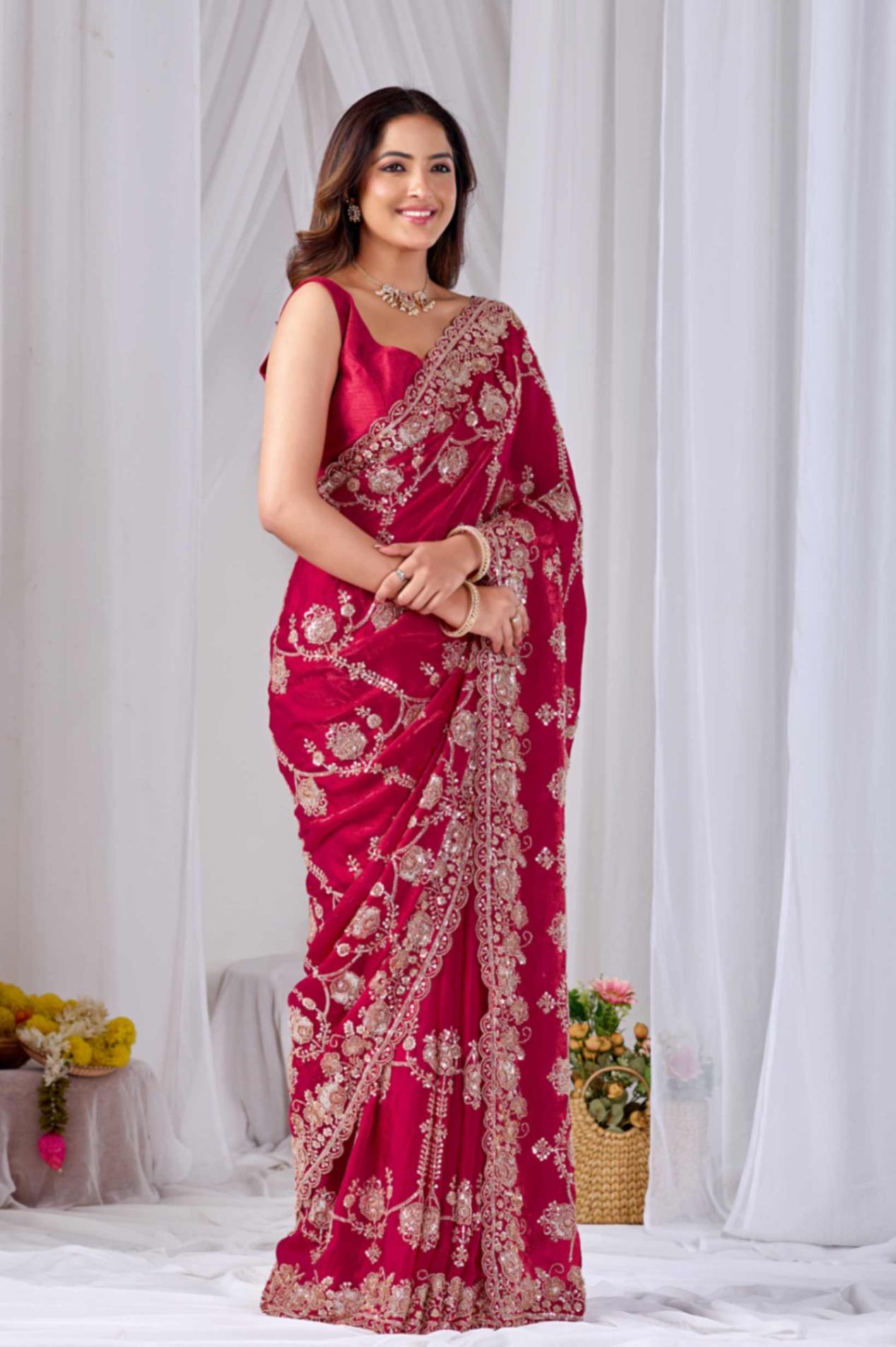 Red Beads work Embroidery Designer Saree Rose Red Beads work Embroidery Designer Saree + The Rose Red Beads Work Embroidery Designer Saree brings hand-applied bead embroidery to a rose red base, and it's built for anyone comparing options for a saree rose rather than something purely decorative. The colour reads true in both daylight and indoor event lighting, which matters more than it sounds &mdash; a lot of sarees photograph differently under venue lighting than they do in a product shot, and this one has been chosen to hold its tone consistently. &bull; Craftsmanship