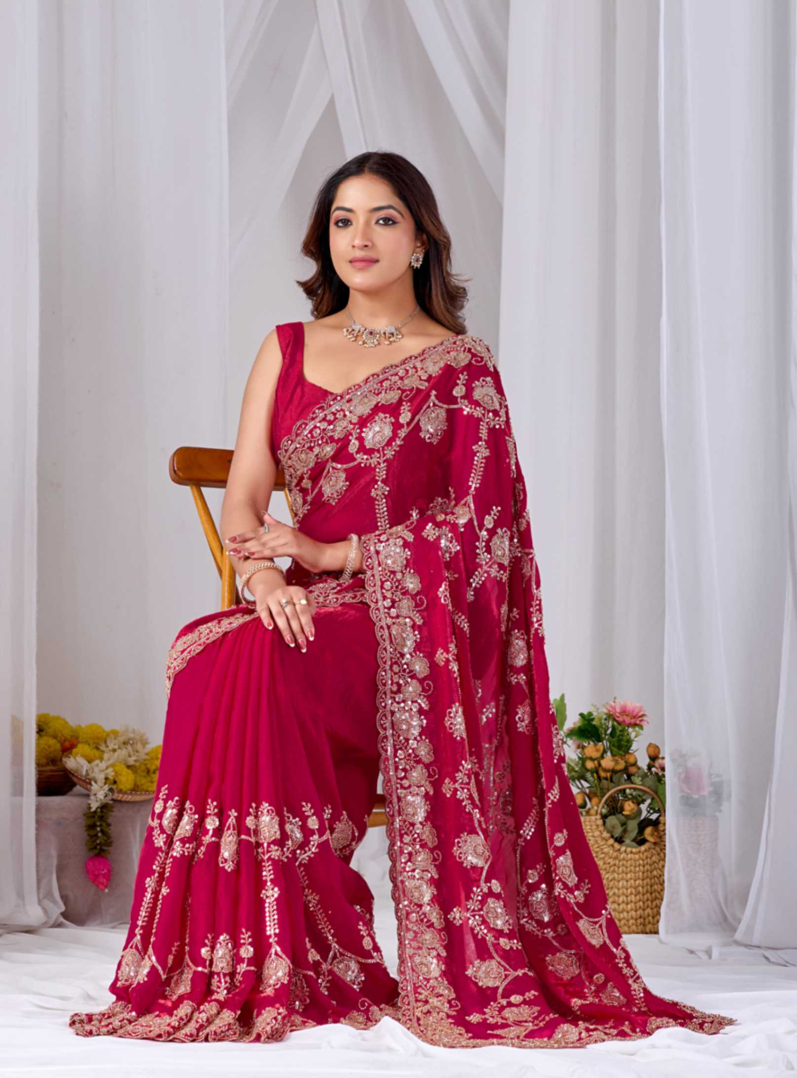 Red Beads work Embroidery Designer Saree Rose Red Beads work Embroidery Designer Saree + The Rose Red Beads Work Embroidery Designer Saree brings hand-applied bead embroidery to a rose red base, and it's built for anyone comparing options for a saree rose rather than something purely decorative. The colour reads true in both daylight and indoor event lighting, which matters more than it sounds &mdash; a lot of sarees photograph differently under venue lighting than they do in a product shot, and this one has been chosen to hold its tone consistently. &bull; Craftsmanship