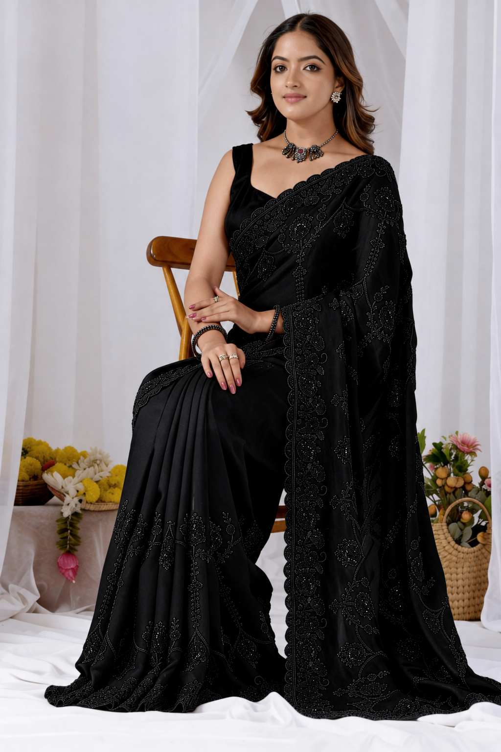 Black Beads work Embroidery Designer Saree Black Beads work Embroidery Designer Saree + The Black Beads Work Embroidery Designer Saree brings hand-applied bead embroidery to a black base, and it's built for anyone comparing options for a black saree rather than something purely decorative. The colour reads true in both daylight and indoor event lighting, which matters more than it sounds &mdash; a lot of sarees photograph differently under venue lighting than they do in a product shot, and this one has been chosen to hold its tone consistently. &bull; Craftsmanship