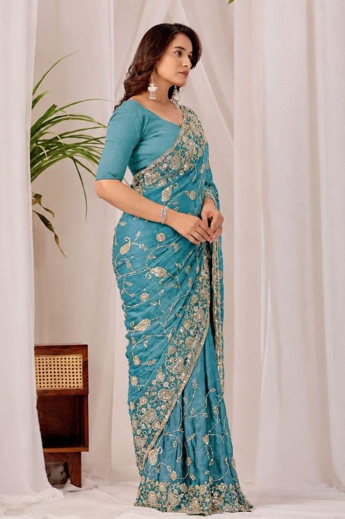 Teal Blue Regal Teal Floral Heritage Saree Teal Blue Regal Floral Heritage Saree + The Teal Blue Regal Floral Heritage Saree brings traditional floral motif weaving to a teal blue base, and it's built for anyone comparing options for a teal color saree rather than something purely decorative. The colour reads true in both daylight and indoor event lighting, which matters more than it sounds &mdash; a lot of sarees photograph differently under venue lighting than they do in a product shot, and this one has been chosen to hold its tone consistently. &bull; Craftsmanship
